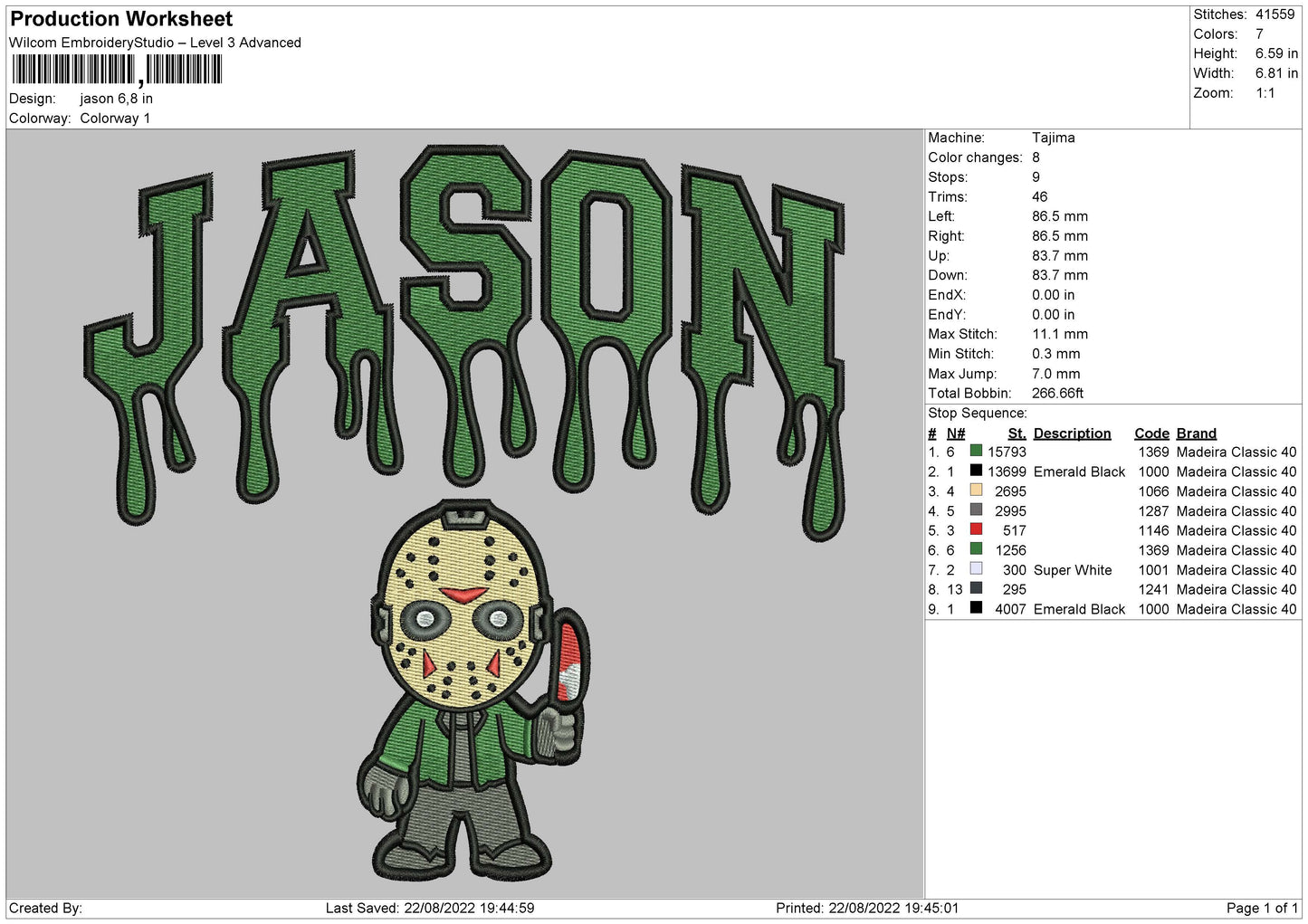 Jason Embroidery File 5 sizes