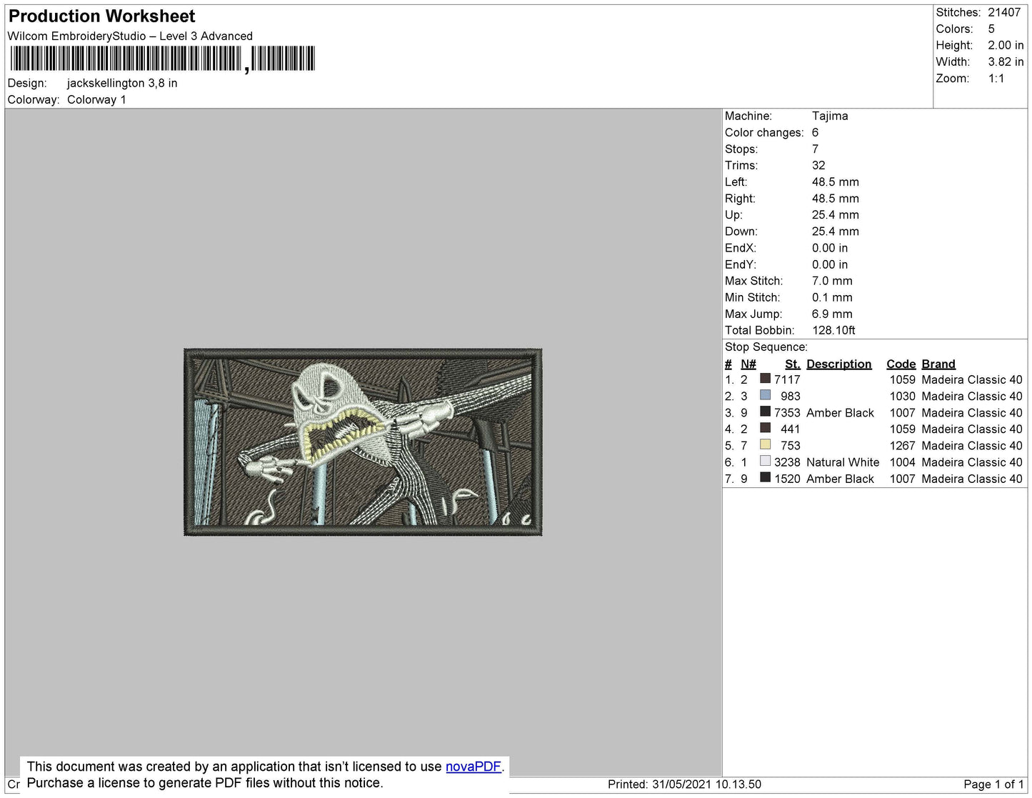 Jack Skillington Rectangle Embroidery File 4 size