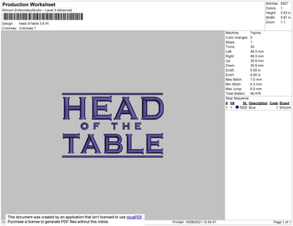 Head Of The Table Embroidery File 4 size