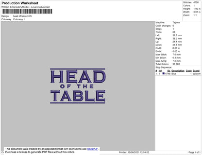 Head Of The Table Embroidery File 4 size