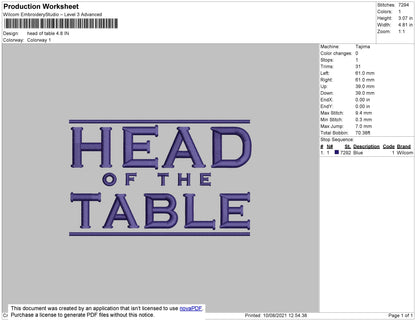 Head Of The Table Embroidery File 4 size