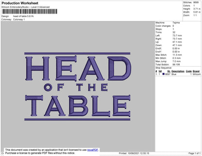 Head Of The Table Embroidery File 4 size
