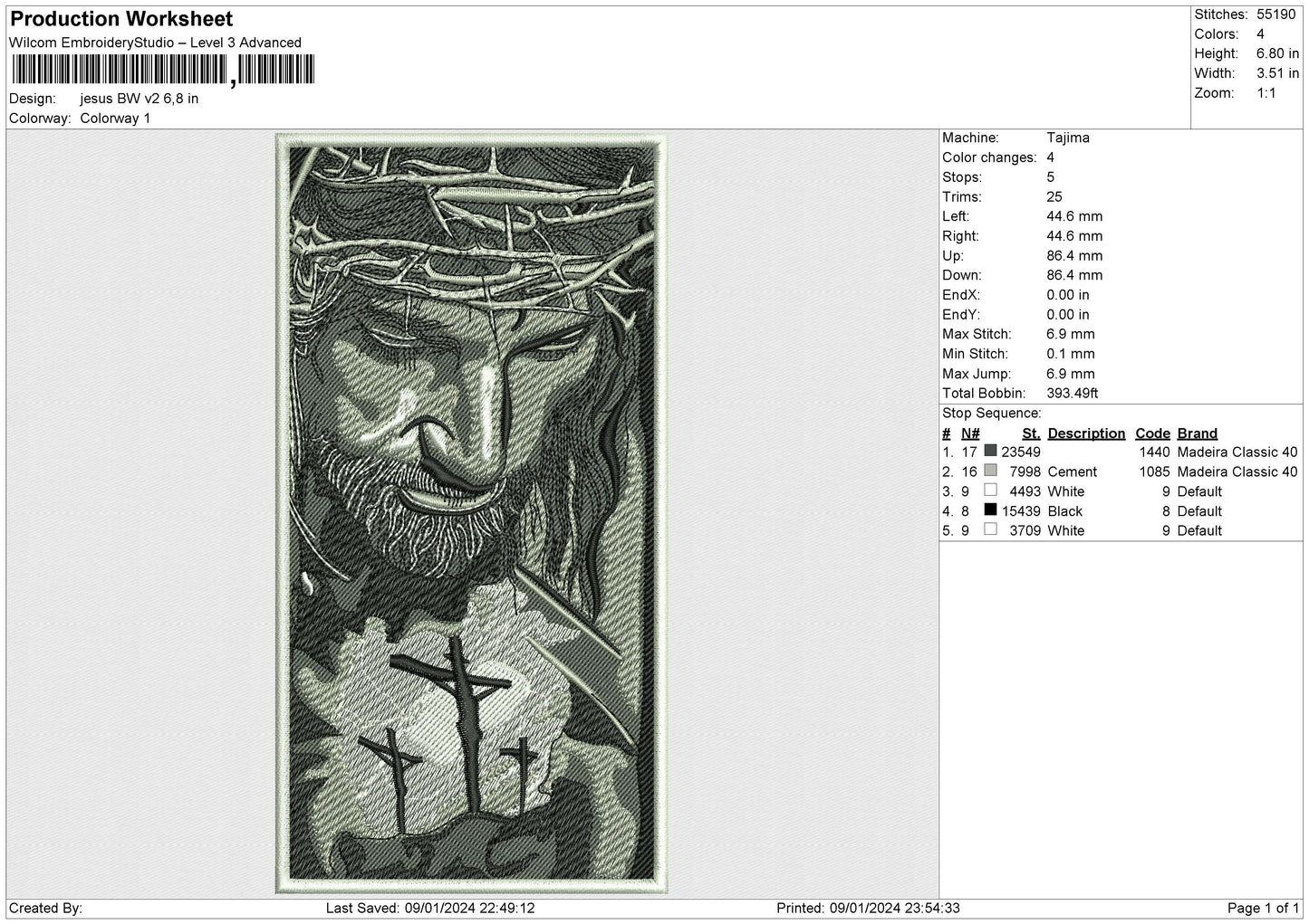 Jesus BW v2 Embroidery File 6 size