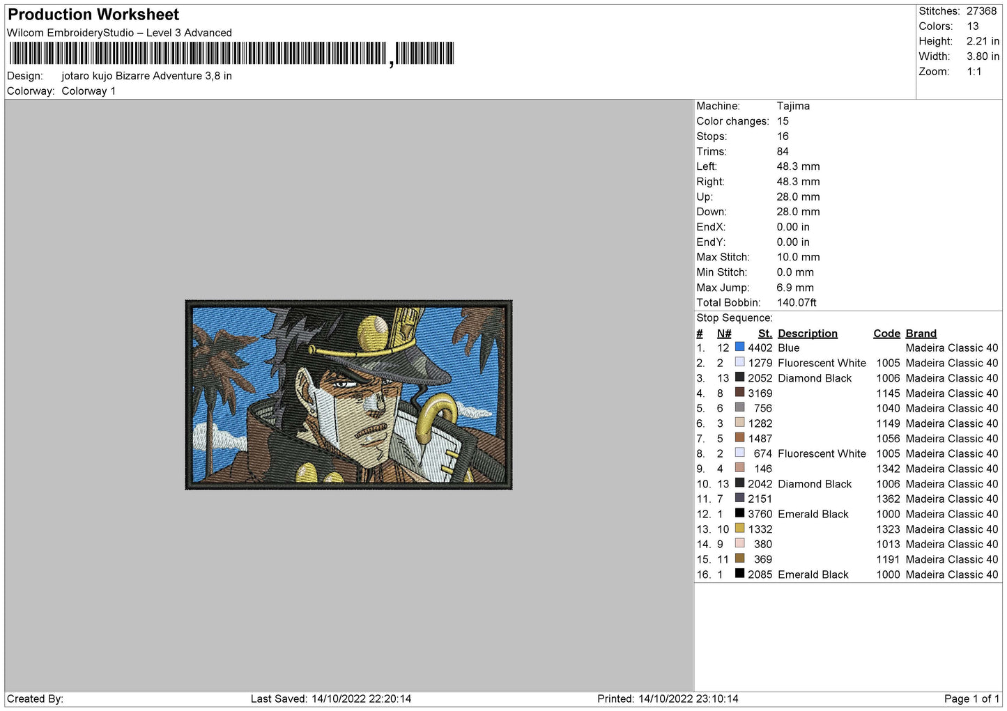 Jotaro Bizzare Embroidery File 6 sizes