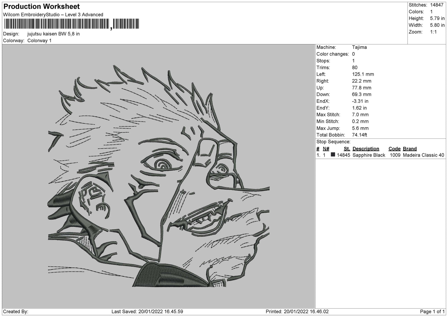 Jujutsu Kaisen BW 03 Embroidery File 4 size