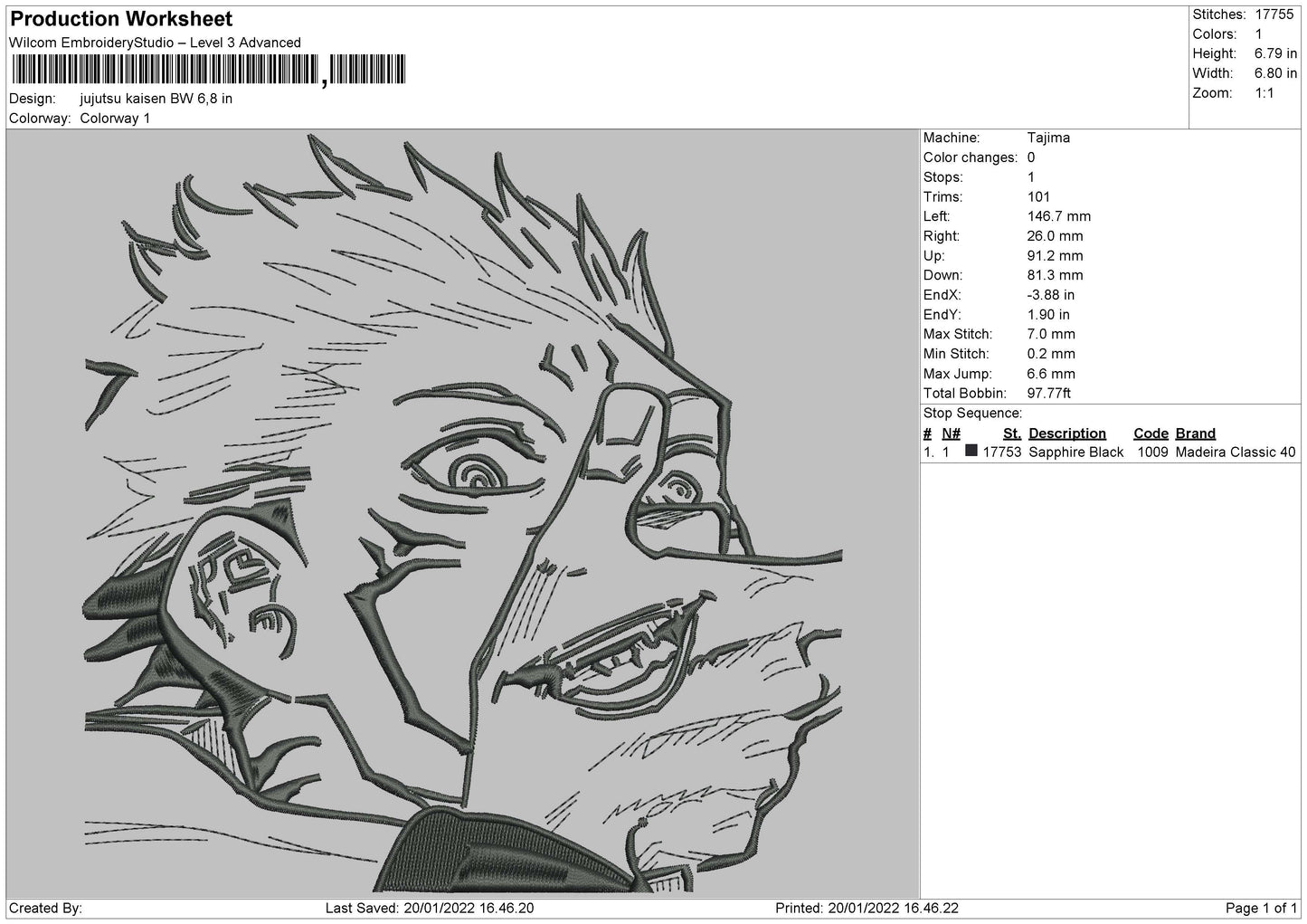 Jujutsu Kaisen BW 03 Embroidery File 4 size