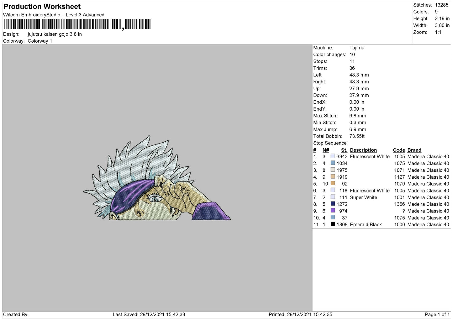 Jujutsu Kaisen Gojo Embroidery File 4 size