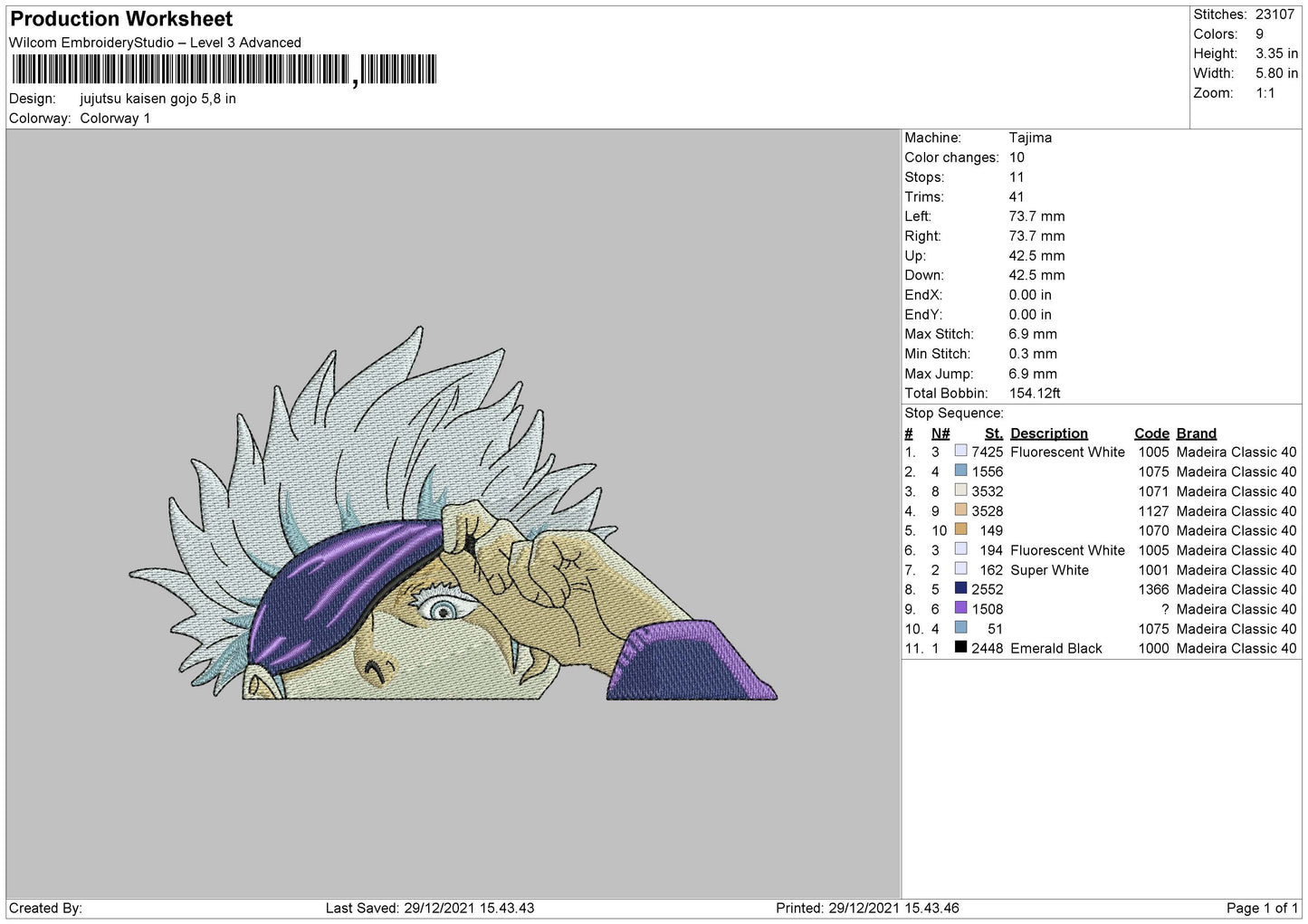Jujutsu Kaisen Gojo Embroidery File 4 size