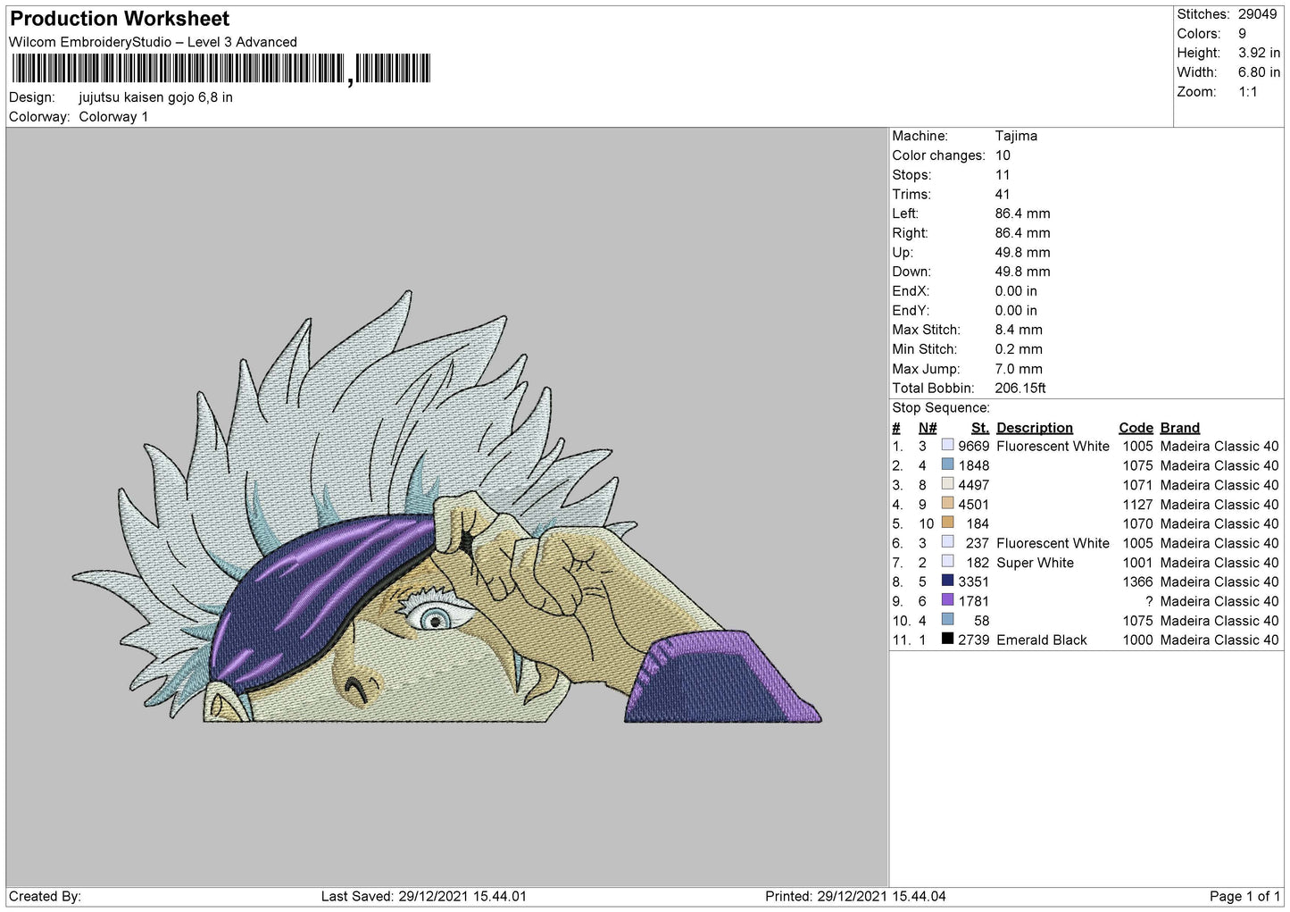 Jujutsu Kaisen Gojo Embroidery File 4 size