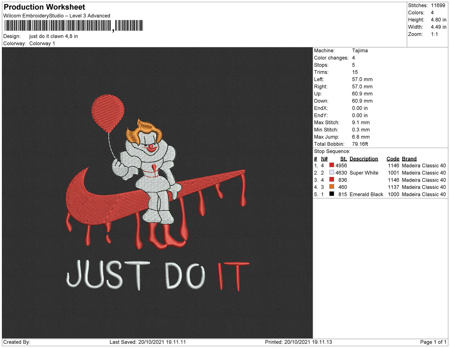 Just Do It Clown Embroidery File 4 size