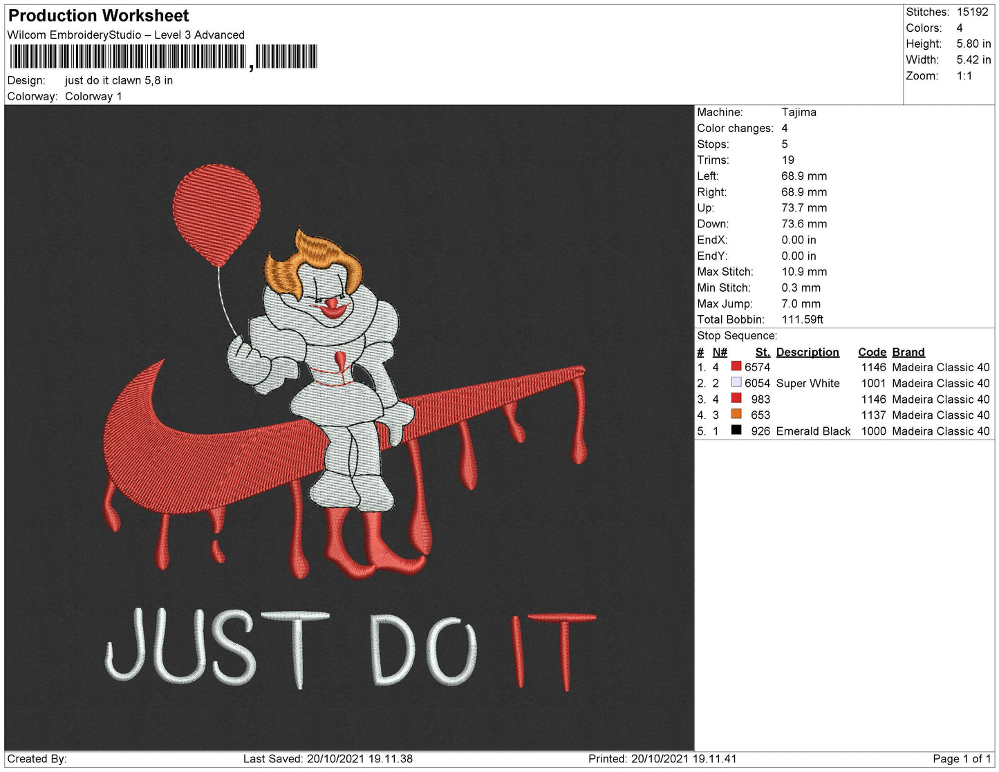 Just Do It Clown Embroidery File 4 size