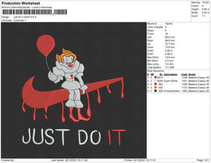 Just Do It Clown Embroidery File 4 size