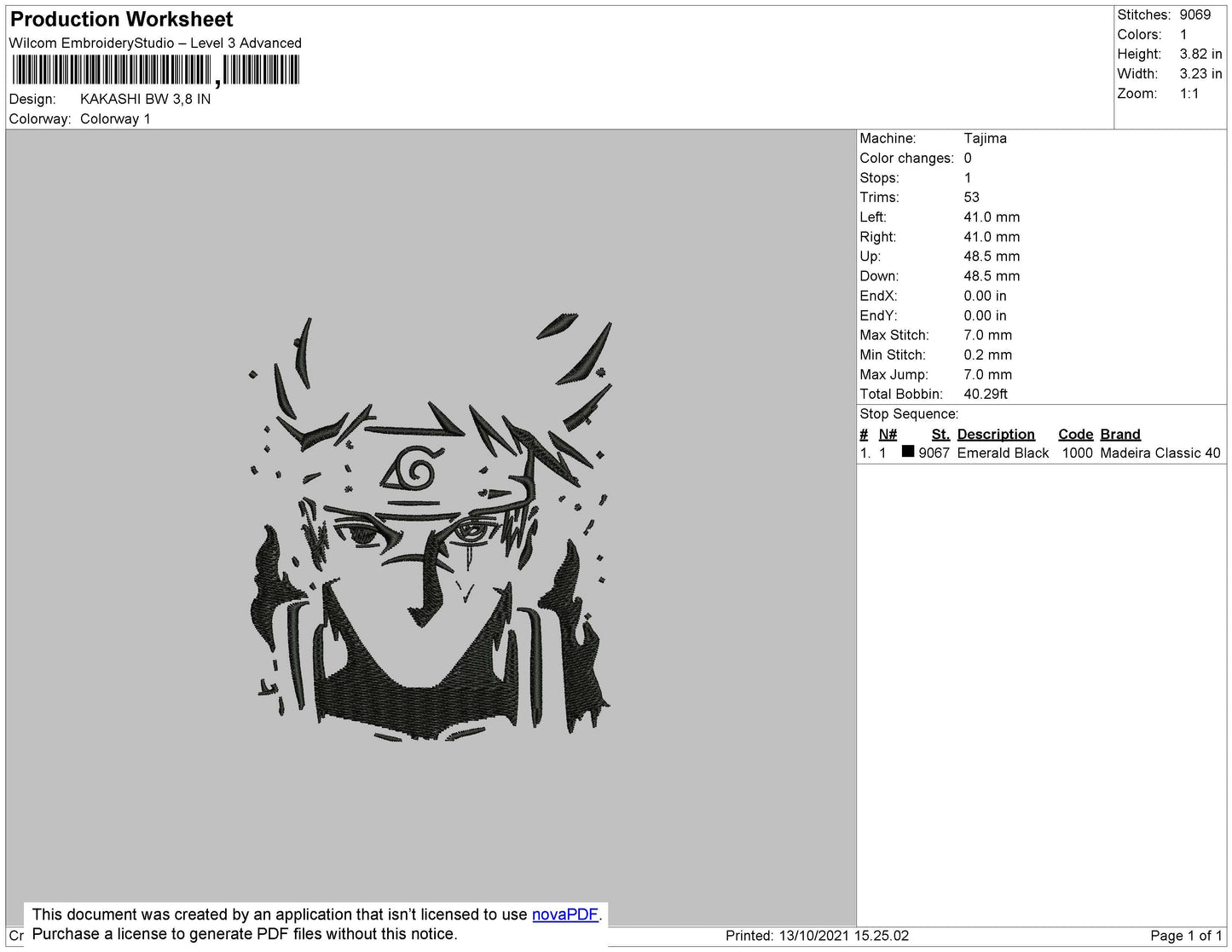 Kakashi BW Embroidery File 4 size
