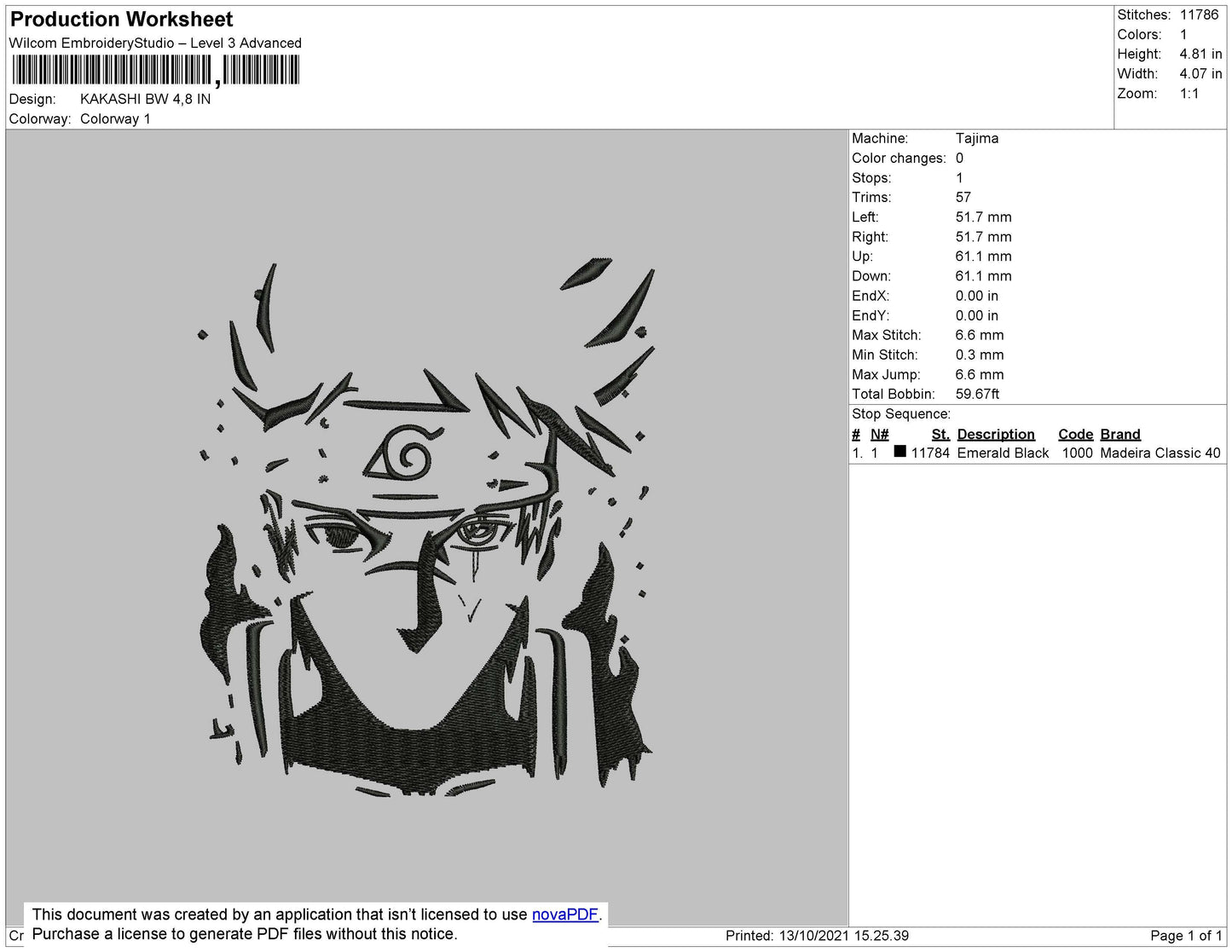 Kakashi BW Embroidery File 4 size