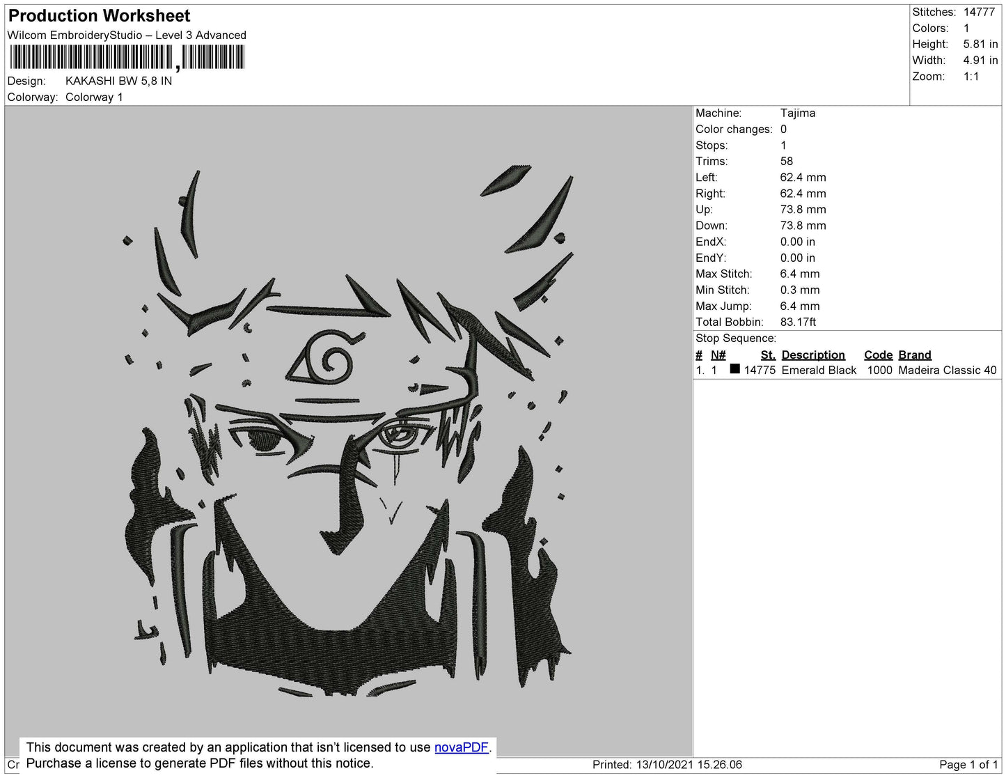 Kakashi BW Embroidery File 4 size