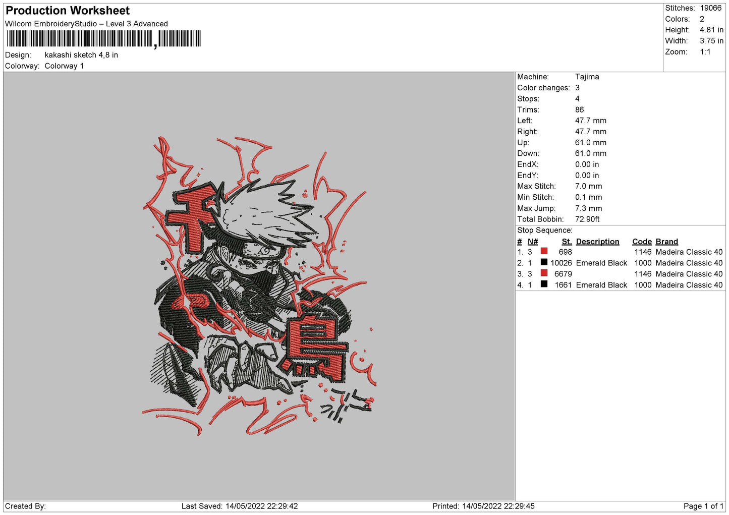 Kakashi Sketch Embroidery File 4 size