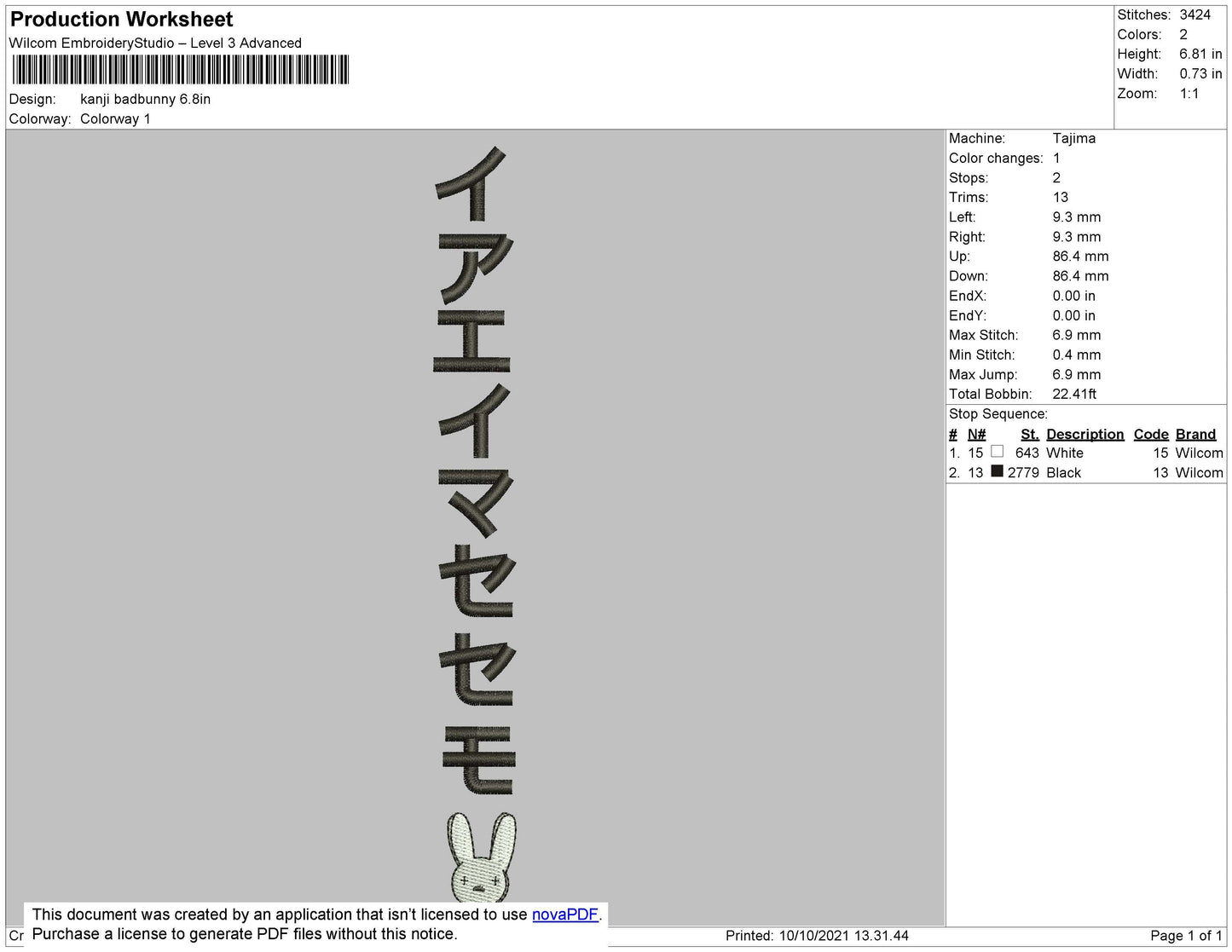 Kanji Bad Bunny Embroidery File 4 size