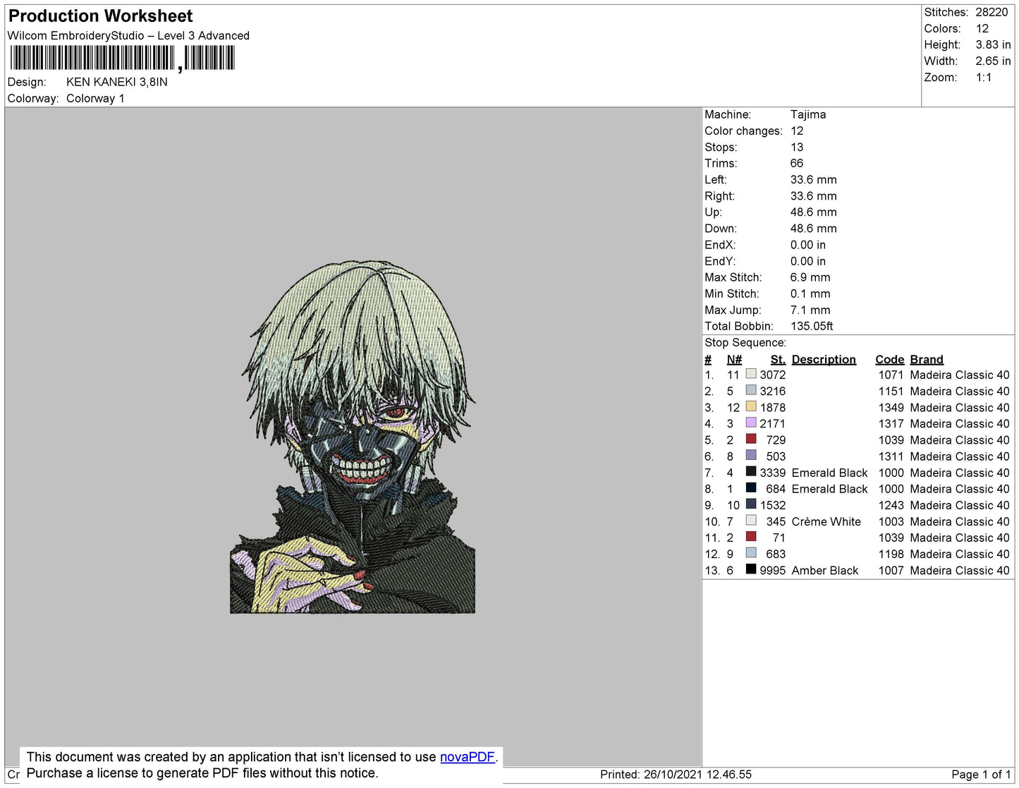 Kan Kaneki Embroidery File 4 size