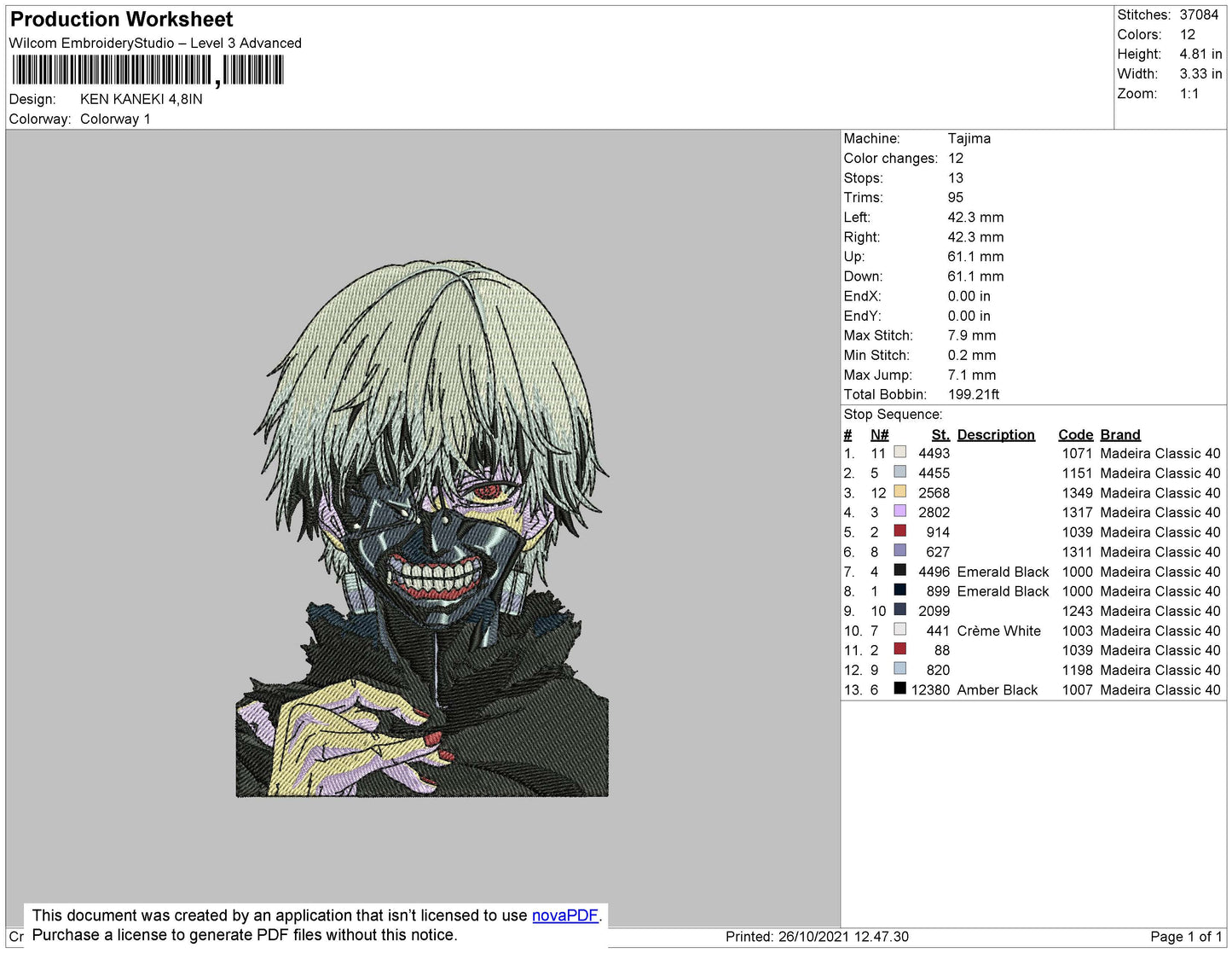 Kan Kaneki Embroidery File 4 size
