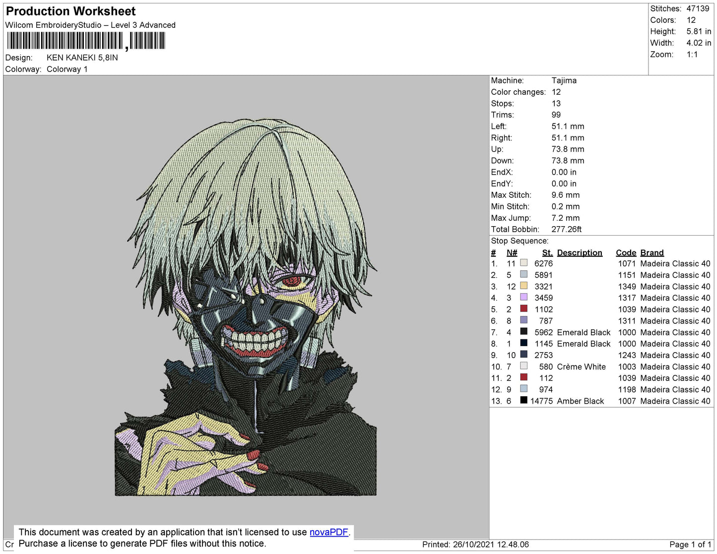 Kan Kaneki Embroidery File 4 size