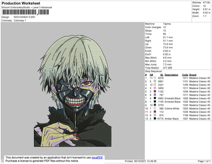Kan Kaneki Embroidery File 4 size