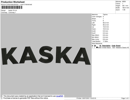 Kaska Text Embroidery File 2 size