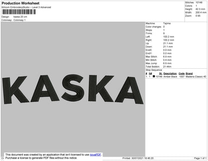 Kaska Text Embroidery File 2 size