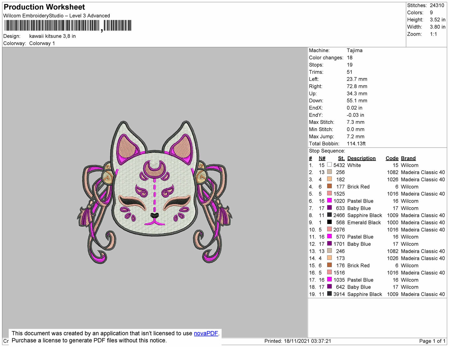 Kawaii Kitsune Embroidery File 4 size