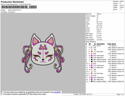Kawaii Kitsune Embroidery File 4 size