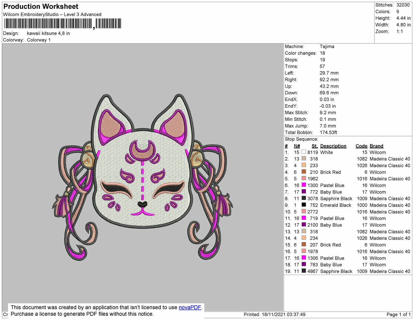 Kawaii Kitsune Embroidery File 4 size