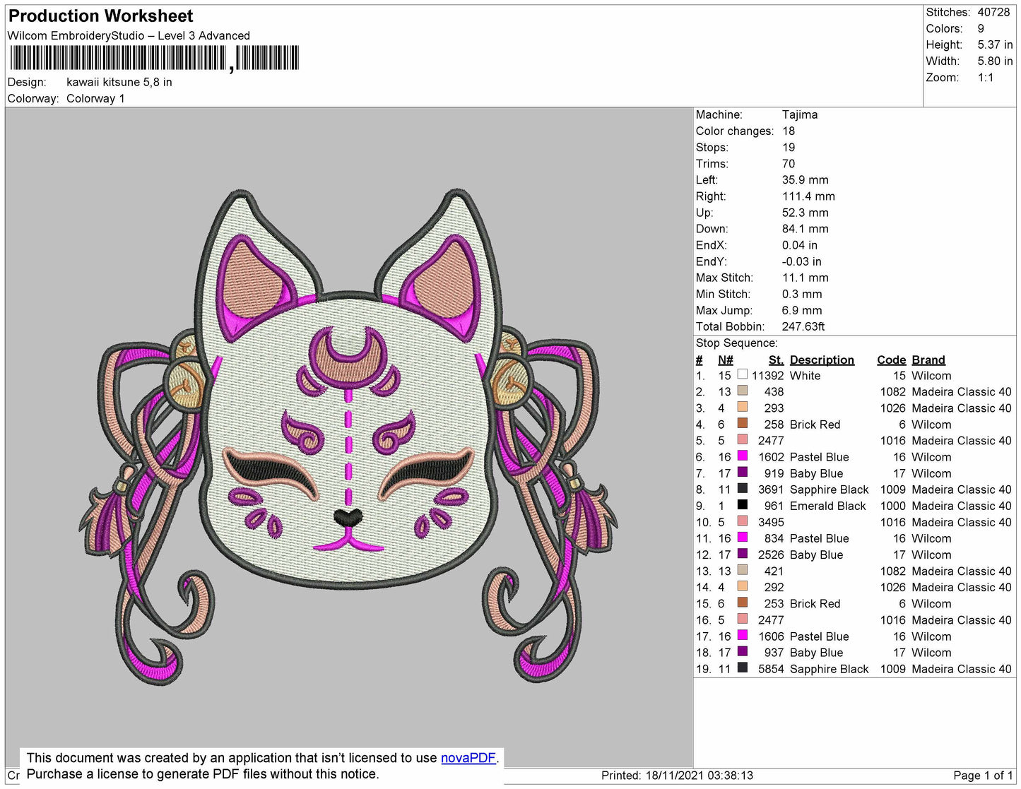 Kawaii Kitsune Embroidery File 4 size