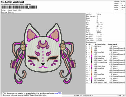 Kawaii Kitsune Embroidery File 4 size
