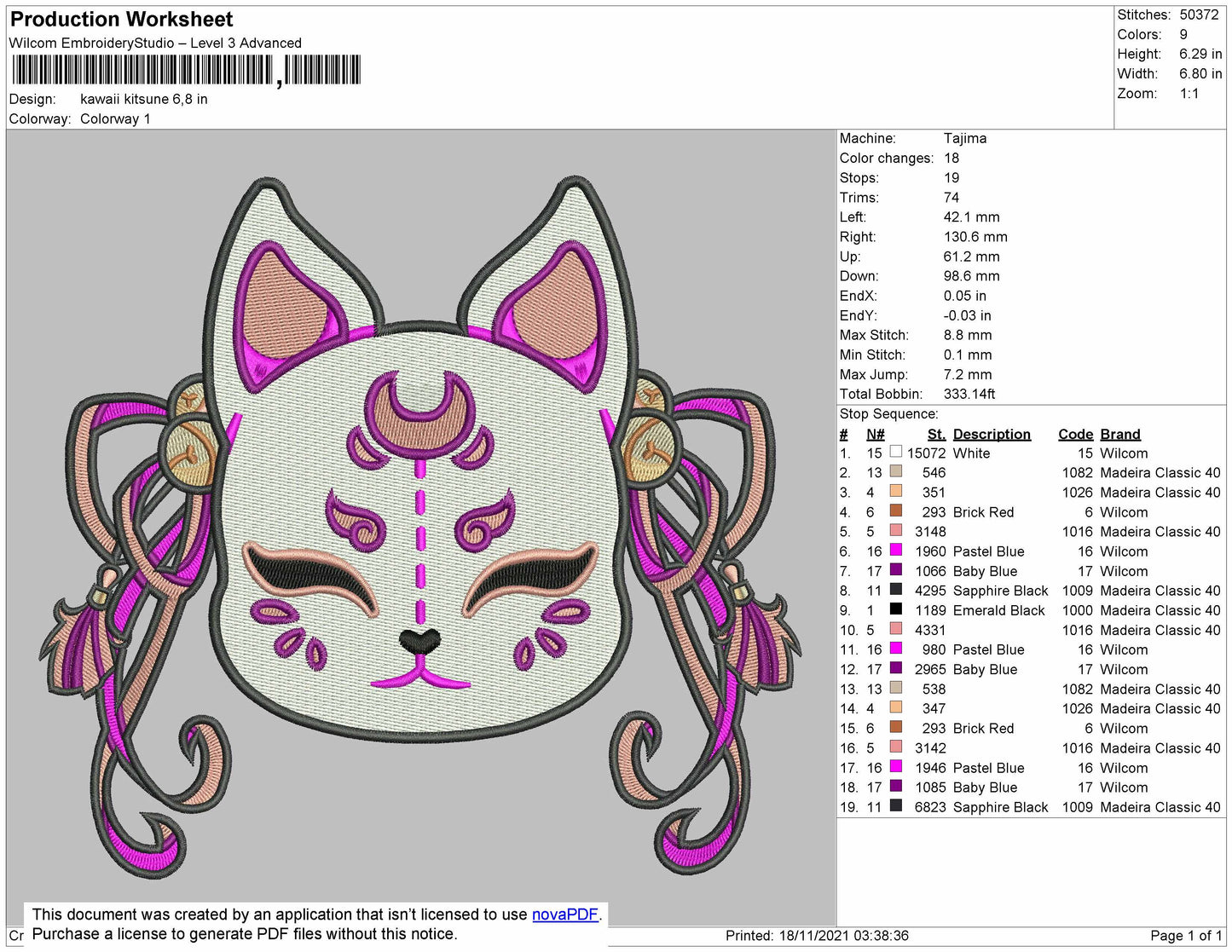 Kawaii Kitsune Embroidery File 4 size