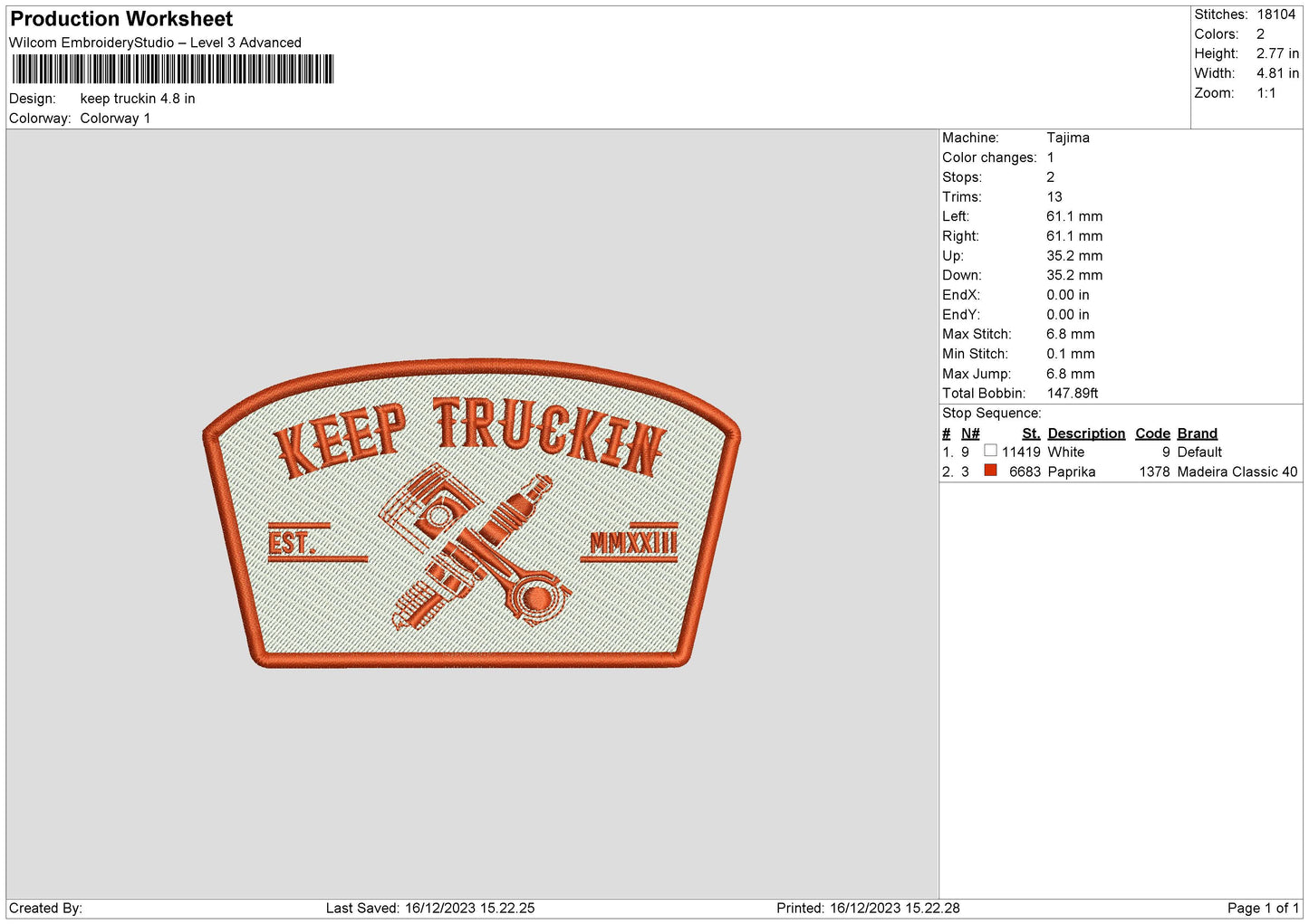Truckin Embroidery File 6 sizes