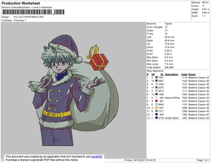 Killua Christmas Embroidery File 4 size