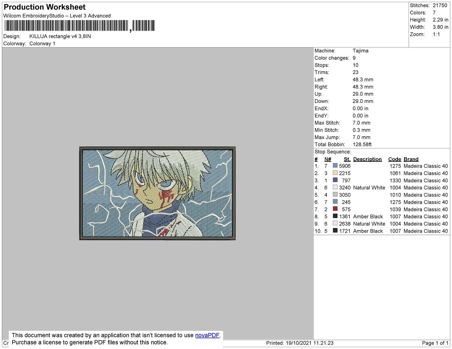 Killua Rectangle Embroidery File 4 size
