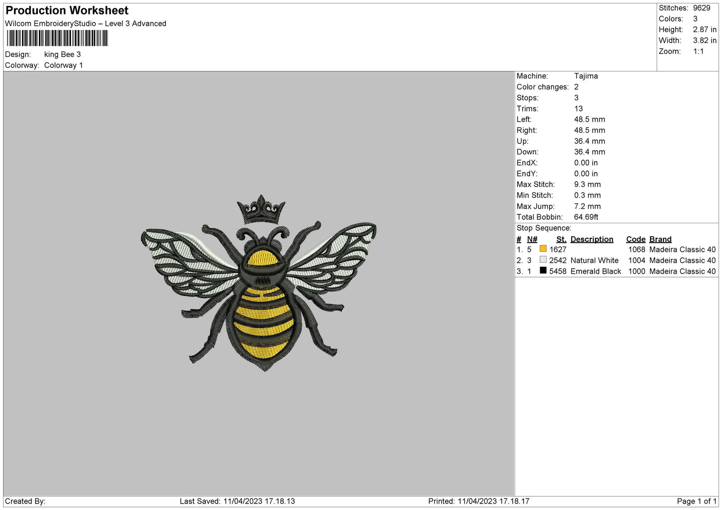 King Bee Embroidery File 6 sizes