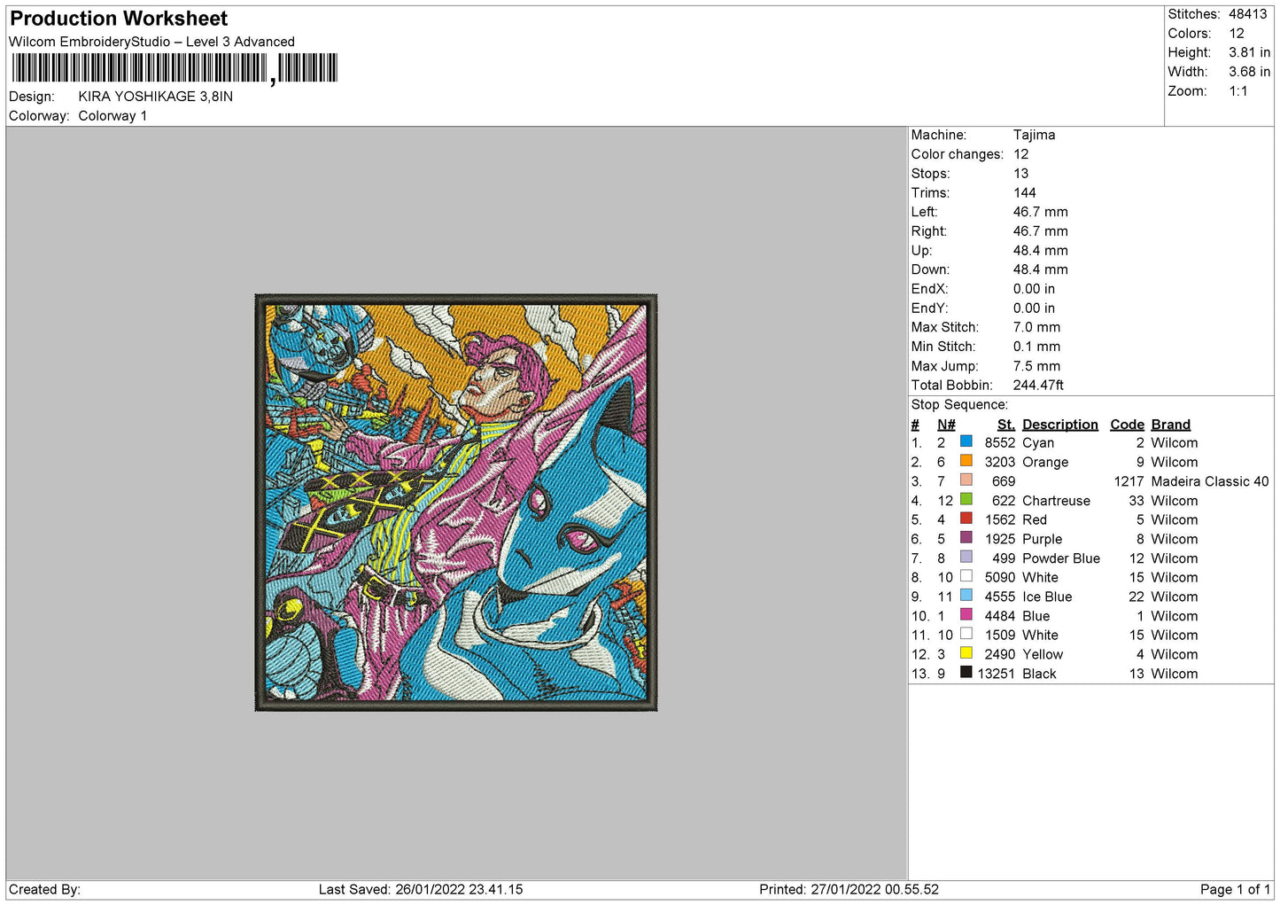 Kira Yoshikage Embroidery File 4 size