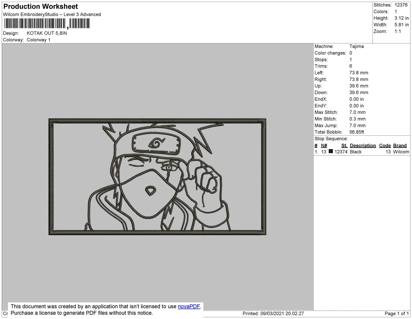 Kakashi Rectangle Outline Embroidery File 4 size