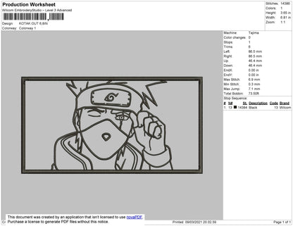 Kakashi Rectangle Outline Embroidery File 4 size