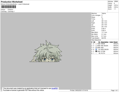 Killua Middle Finger Embroidery File 4 size