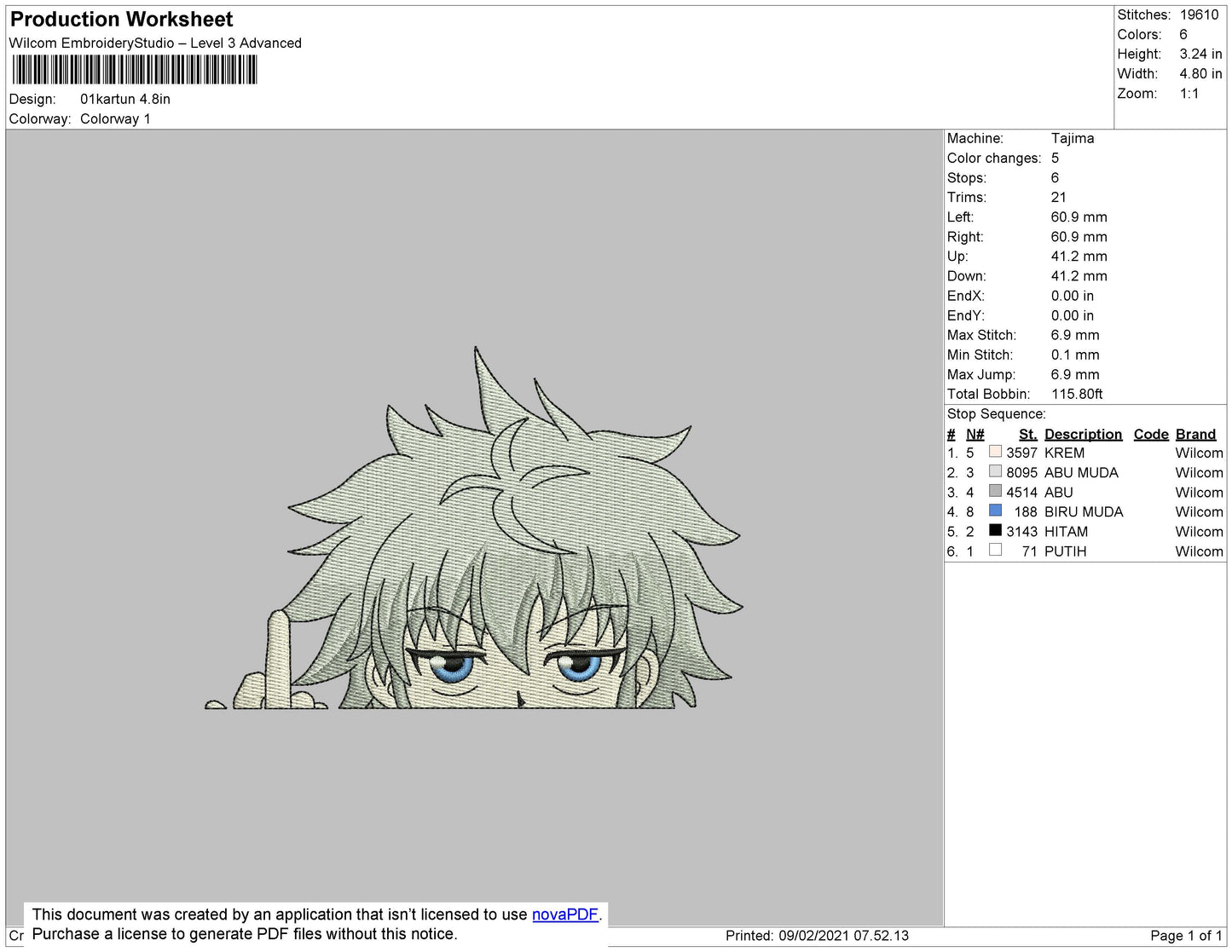 Killua Middle Finger Embroidery File 4 size