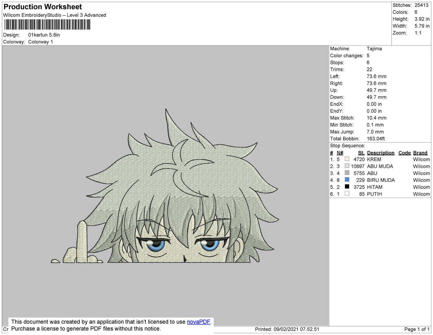 Killua Middle Finger Embroidery File 4 size