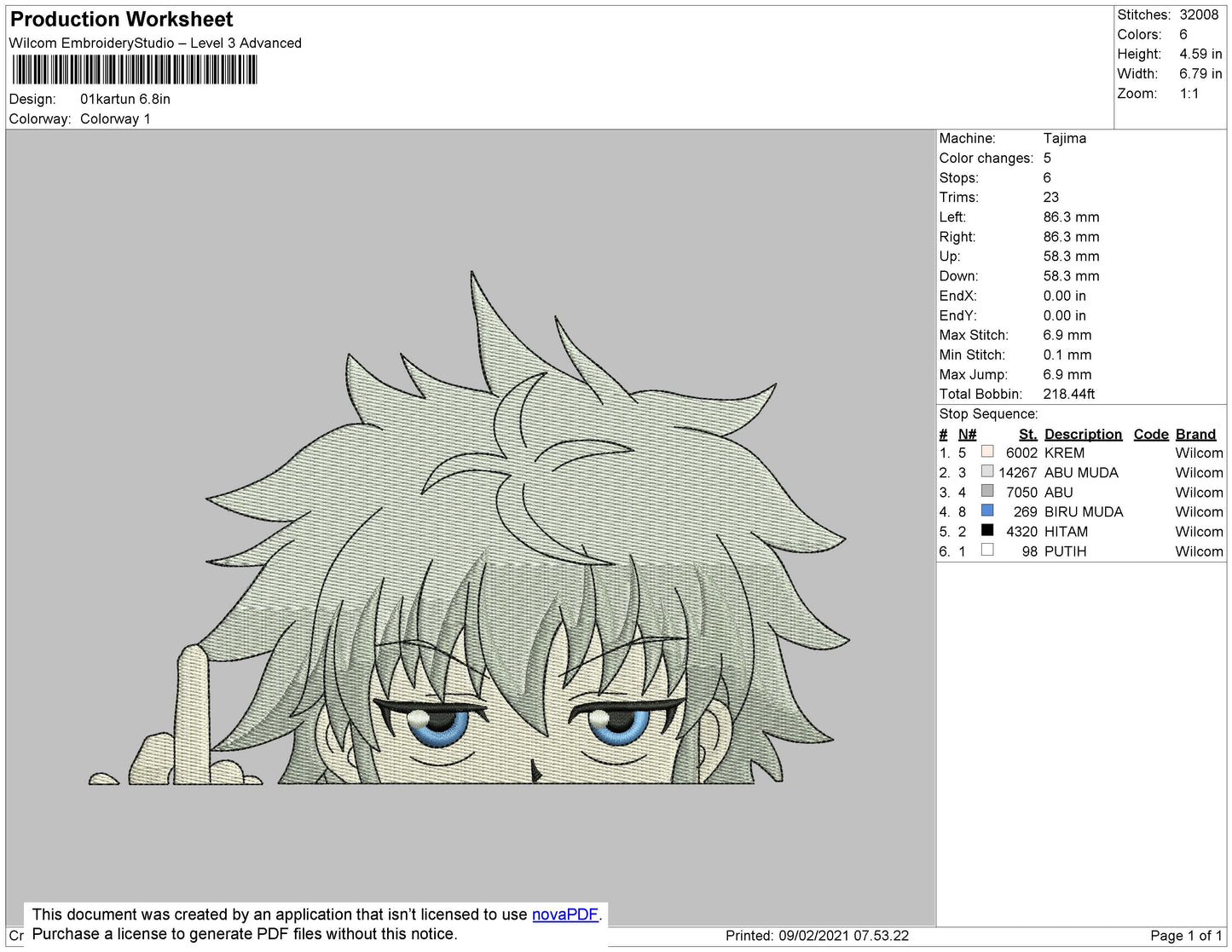 Killua Middle Finger Embroidery File 4 size