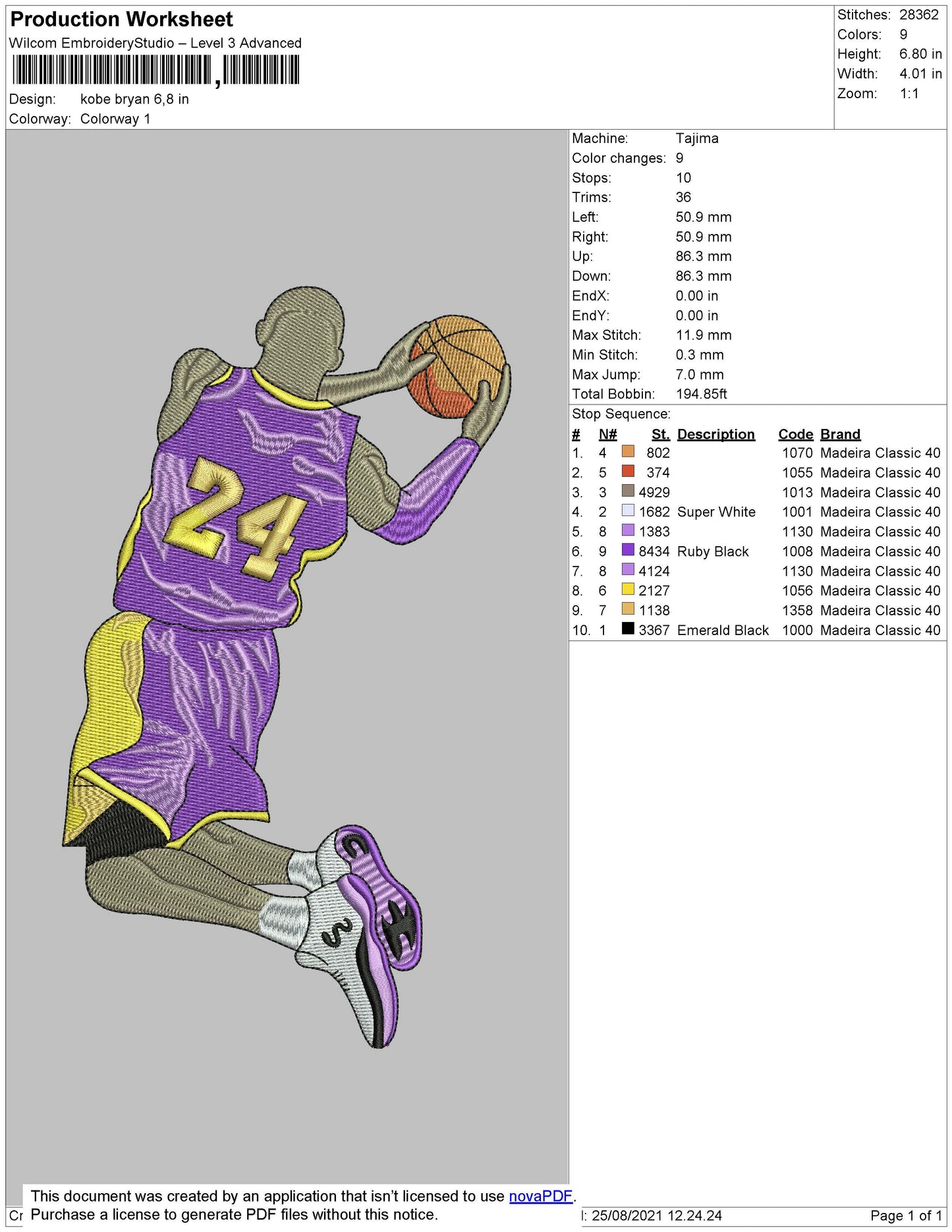 Kobe Bryan 002 Embroidery File 4 size