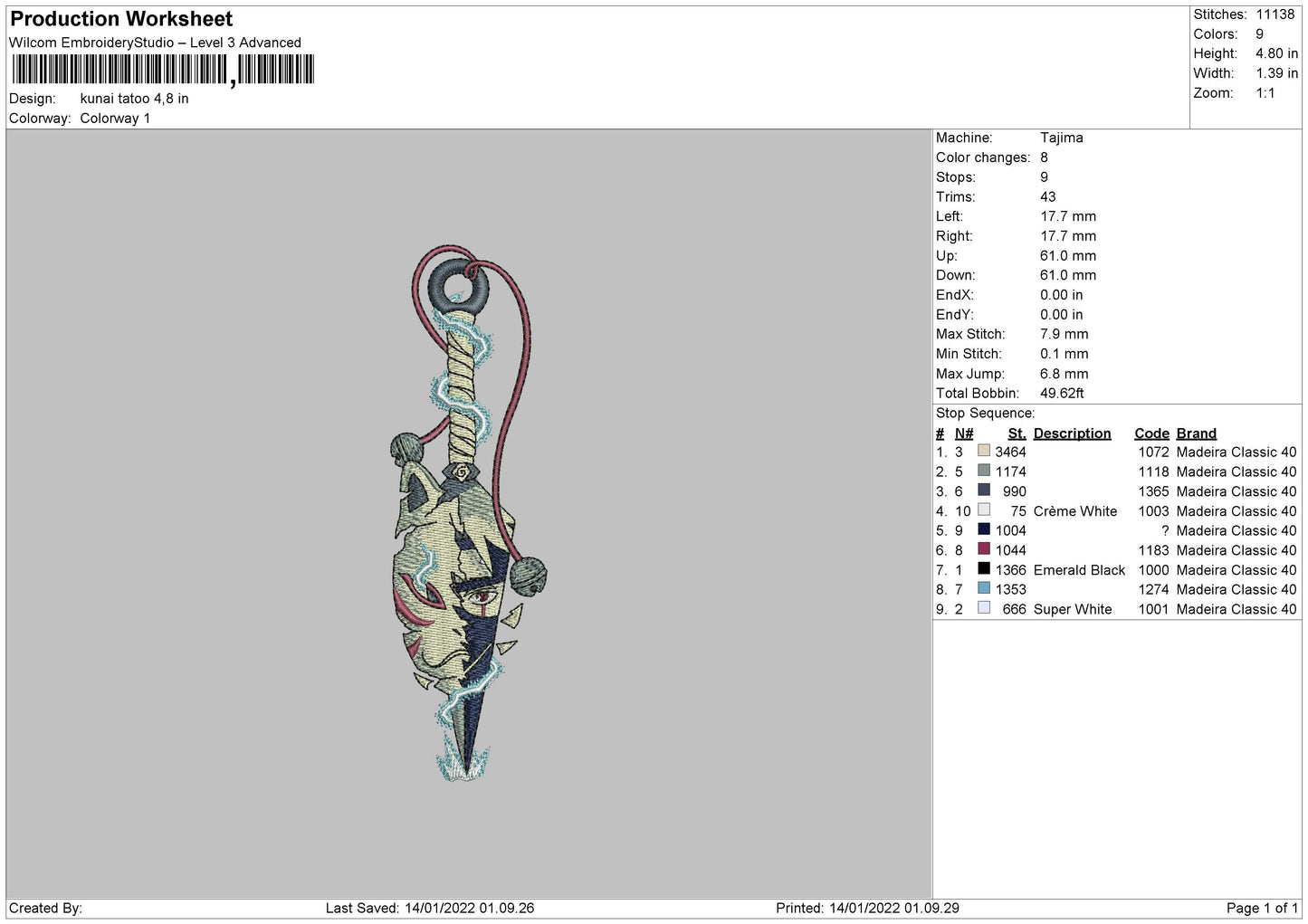 Kunai Tattoo Embroidery File 4 size