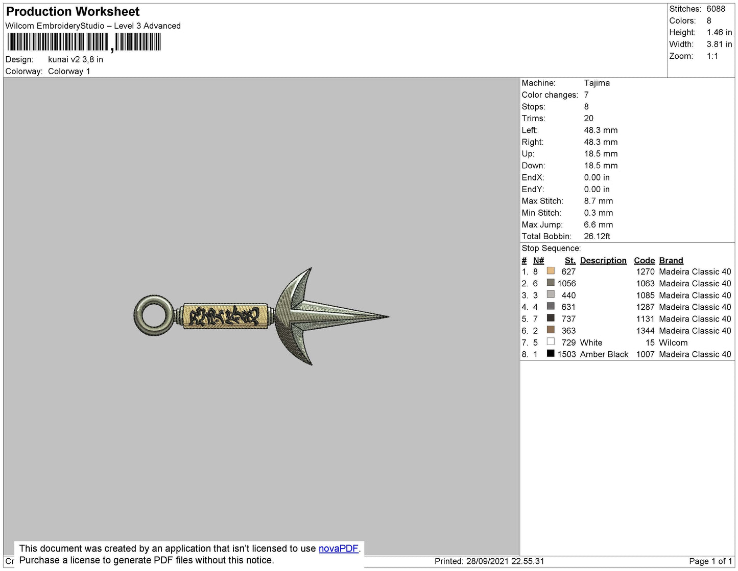 Kunai V2 Embroidery File 4 size