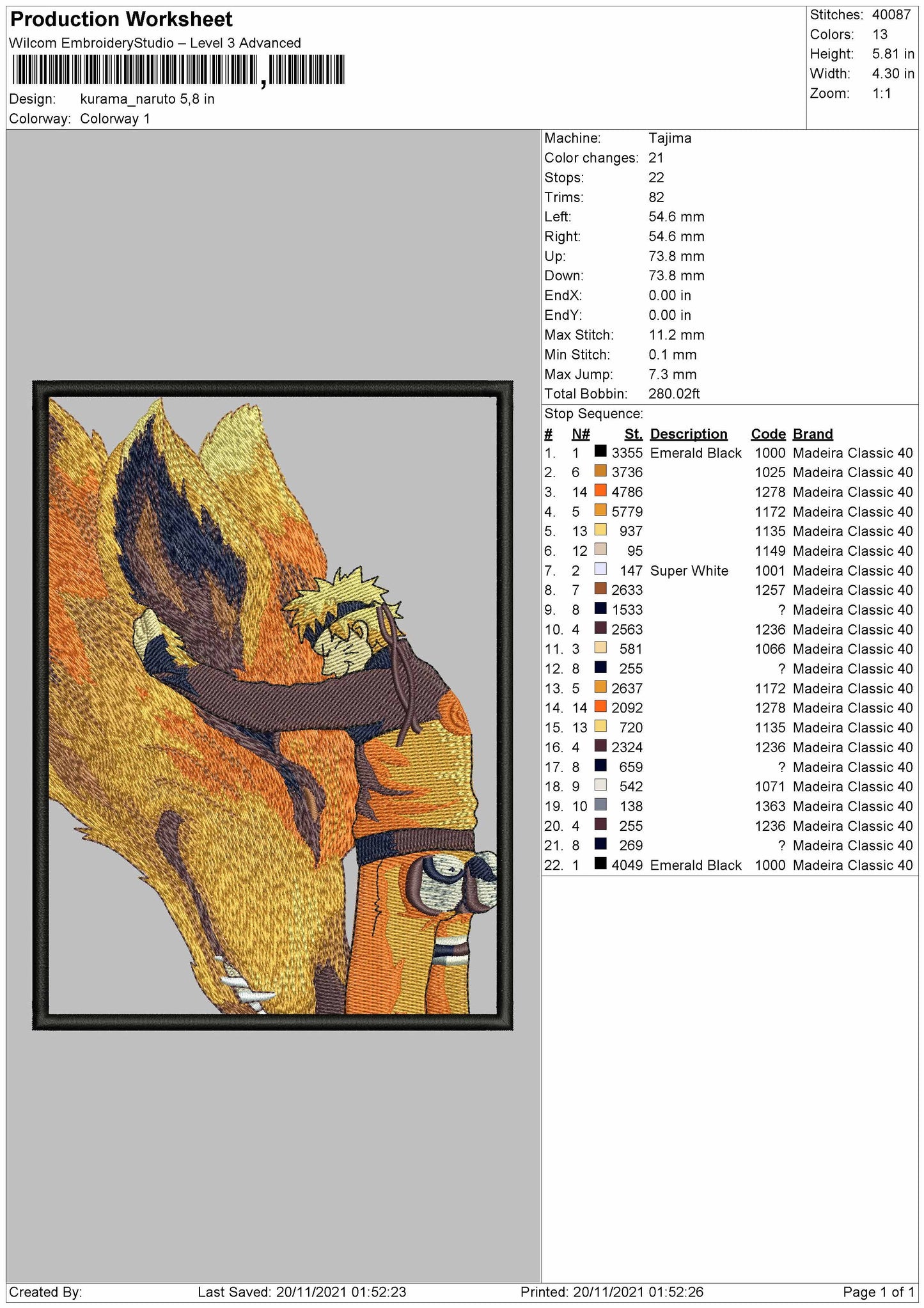 Kurama Naruto 02 Embroidery File 4 size