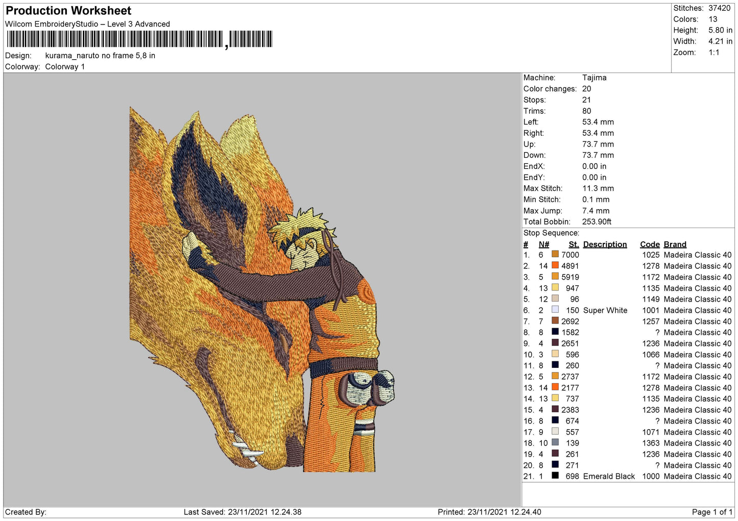 Kurama Naruto Embroidery File 4 size