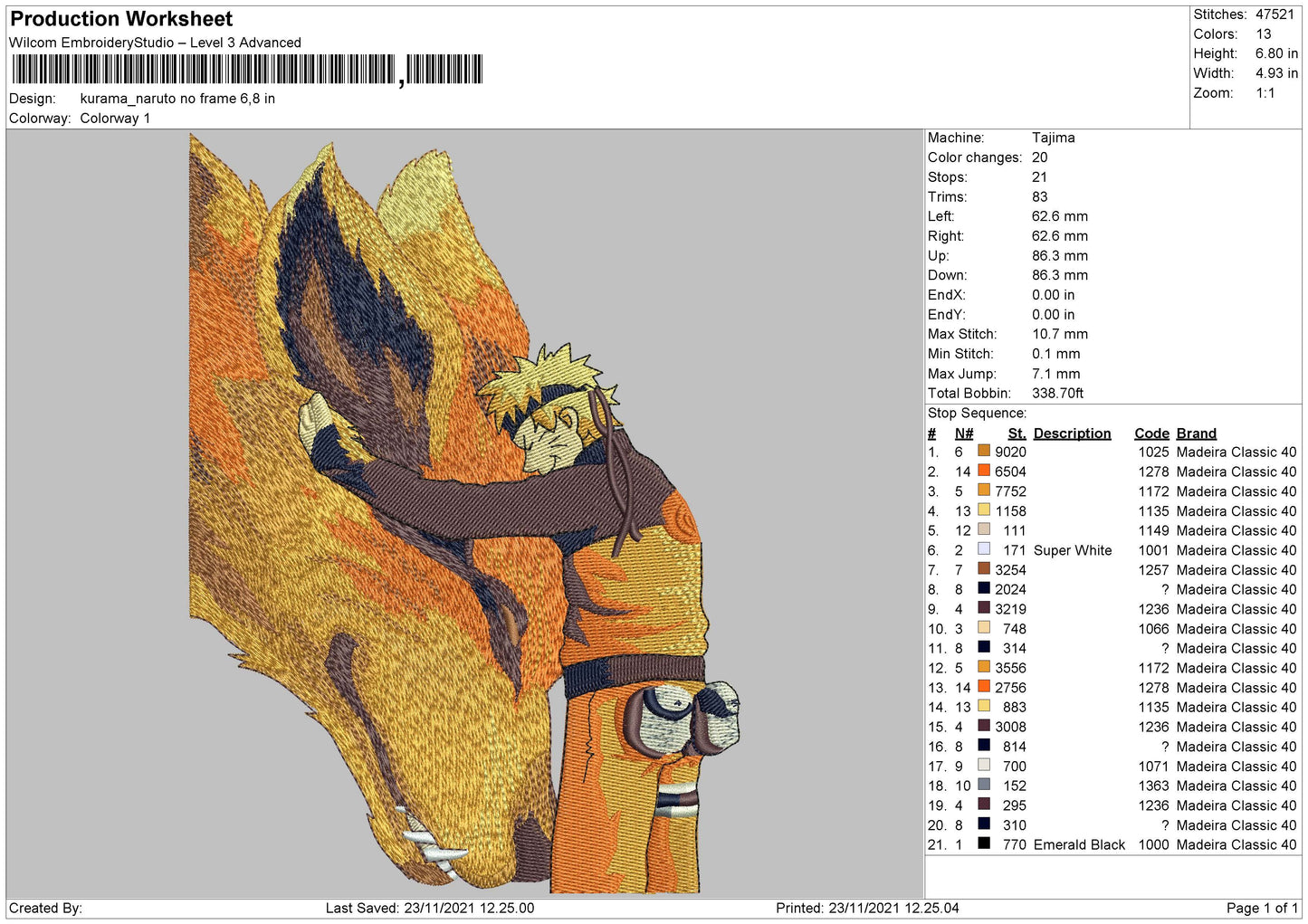 Kurama Naruto Embroidery File 4 size